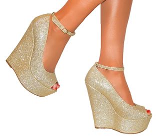 Ladies Gold Super Glittery Peep Toe Wedge Heels Shoe Sandal Evening