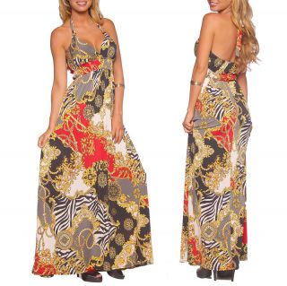 Chic Sleeveless Halter Printed Spring Sundress Long Maxi Dress s M L