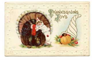 1914 Thanksgiving Postcard   Child in Clown Suit with Turkey