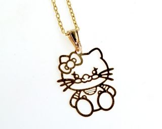 Gold 18K GF Kids Girl Necklace Filigree Hello Kitty Kitten Cat Charm