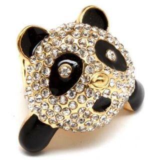 Panda Bear Stretch Ring Black White Crystals Gold Tone Cute New