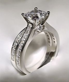 66Ct Princess Cut Engagement Ring & Matching Wedding Band 14K Solid