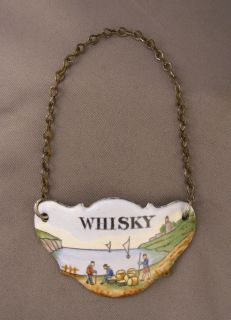 Antique Enameled Whiskey Label on Chain for Decanter Bilston Battersea