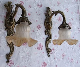 PRETTY PAIR ANTIQUE 19thC FRENCH LOUIS XV BRONZE WALL SCONCES & GLASS
