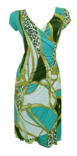 Choc Teal Glamour Print Cap Sleeve Faux Wrap Day Dress Size 12 New