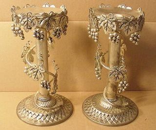 Silverplate? Pair Pillar Tall Candleholders Grapes Grapeleaves Ornate