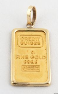 1g Pure Gold Bar Pendant   Credit Suisse 14k Frame 999.9 Fine Yellow