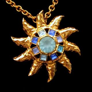 Graziano Vintage Large Star Sun Brooch Pin Pendant Necklace Blue Glass