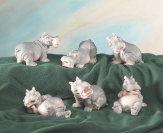 Animal World Hippopotamus Set of 6 Statue Cute Figures