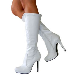  Sexy Club Wear Stretched Knee High Platform GoGo Boots White