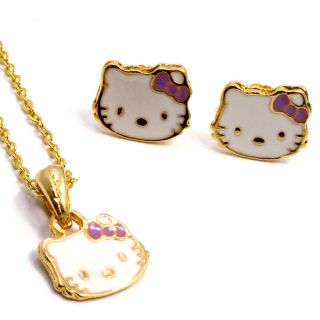 Gold 18K GF Girl Baby Kids Purple Bow Hello Kitty Earrings Pendant