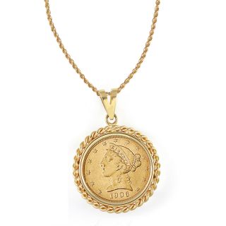 Gold $5 Liberty Gold Piece Half Eagle Coin Rope Bezel Pendant Necklace