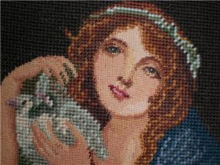 Completed Needlepoint Canvas Tapestry Girl with Doves