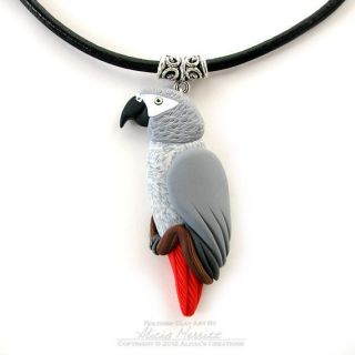 Unique Congo African Grey Bird Plucked Feathers Parrot Necklace Clay