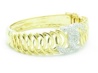  Gold Silver Diamond Set Pave White Sapphire Bangle Cuff Bracelet