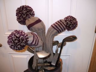 Hand Knit Golf Club Head Covers Set of Three New Gray Purple Pom Poms