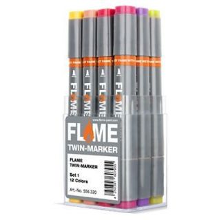 FLAME SKETCH MARKER   12 MAIN SET   GRAPHIC ART TWIN TIPPED PENS