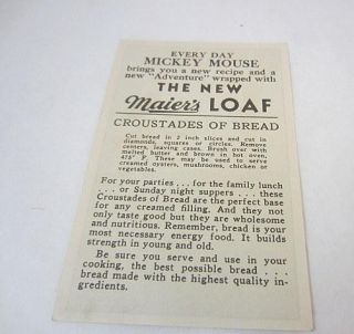Mickey Mouse Maiers Loaf Grocery Advertising Trade Card C1940s