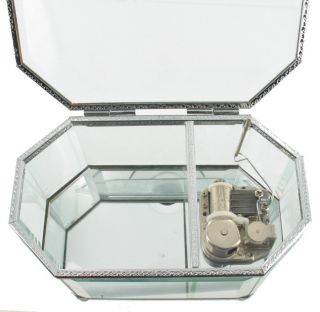Vintage Beveled Glass Jewelry Music Box International Silver Pretty