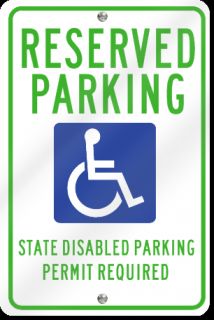  sign reads reserved parking state disabled parking permit required