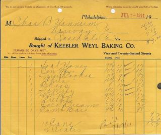Keebler Weyl Baking Co Philadelphia Billhead 1911