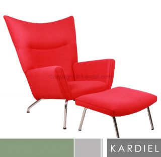 Hans J Wegner Style Wing Chair & Ottoman, Cherry Red Bouclé Cashmere