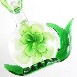   Green Flower Snail Murano Art Lampwork Glass Pendant Ribbon Necklace