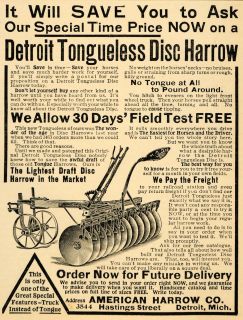  Detroit Tongueless Disc Plow American Harrow Co   ORIGINAL ADVERTISING