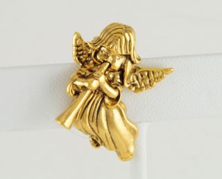 14kt Yellow Gold EP Child Heralding Angel Pin Brooch w Horn