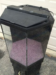   Gallon Hexagon Corner Tank Black Stand Hood Light Free 20 lbs gravel