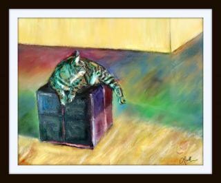 Fat Cat on Cube Original Art 16x20 Print Red Blue Turquoise Green