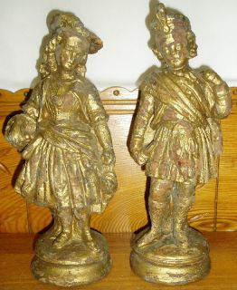 Pair of Antique Gold Painted Figurines Statues Pottery