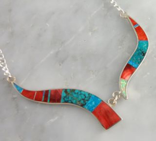 Zuni Harold Smith Sterling Silver Inlay Necklace Turquoise Opal Spiny