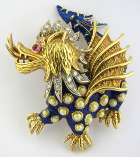 Gorgeous Dragon Brooch Pin in 18K Yellow Gold with Diamonds