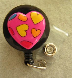 Pink Multicolor Heart ID Badge Holder RETRACTABLE Reel Swivel