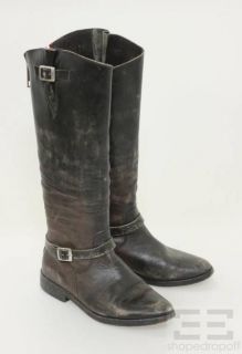 Golden GOOSE Distressed Black Leather Red Zip Knee High Boots Size 38