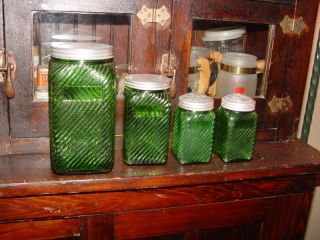 VINTAGE OWENS ILLINOIS FOREST GREEN HOOSIER RIBBED CANISTER JARS (Four