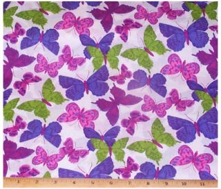  Butterflies Fabric by yard cotton Purple Pink Blue Green Butterfly