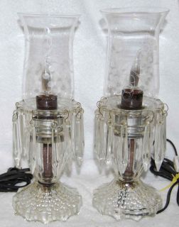 Vintage Pair Crystal Lamps with Etched Wheel Cut Hurricane Shades