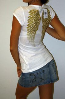 New Womens Guess Angel Shirt Top T shirt Shiny Gold Wings White size