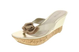 Guess NEW Palery Gold Leather Rosette Cork Sole Wedge Thong Sandals