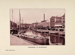 1908 Print Fish Market Feskekorka Gothenburg Sweden Original Historic