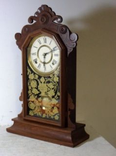 1885 Floral Glass Walnut Ingraham Parlor Clock