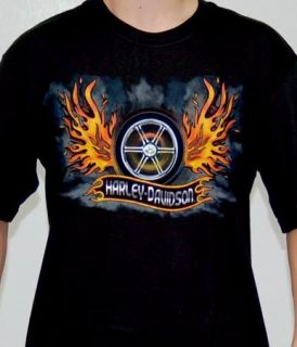 Harley Davidson Mens Fire Wheel Wing Black Biker T Shirt
