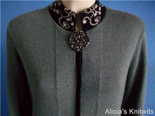 Helen HSU Santana Knit Olive Green with Black Tan Scroll Designs Suit