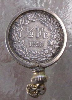  Switzerland Silver 1 2 Franc Coin 1959 Helvetia Pendant Charm