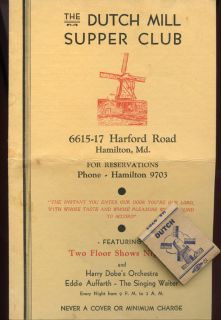 The Dutch Mill 1940s Menu Matchcover Harford RD Baltimore MD American