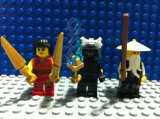Lego Ninjago Minifigures Sensei Wu Garmadon Nya with Weapons
