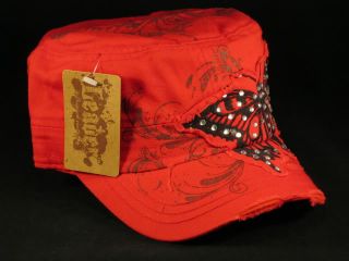 Red Castro Cap Black Butterfly Army Military Cadet Hat Vintage