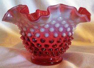 Fenton Art Glass Cranberry Opalescent Hobnail Ruffled Bowl